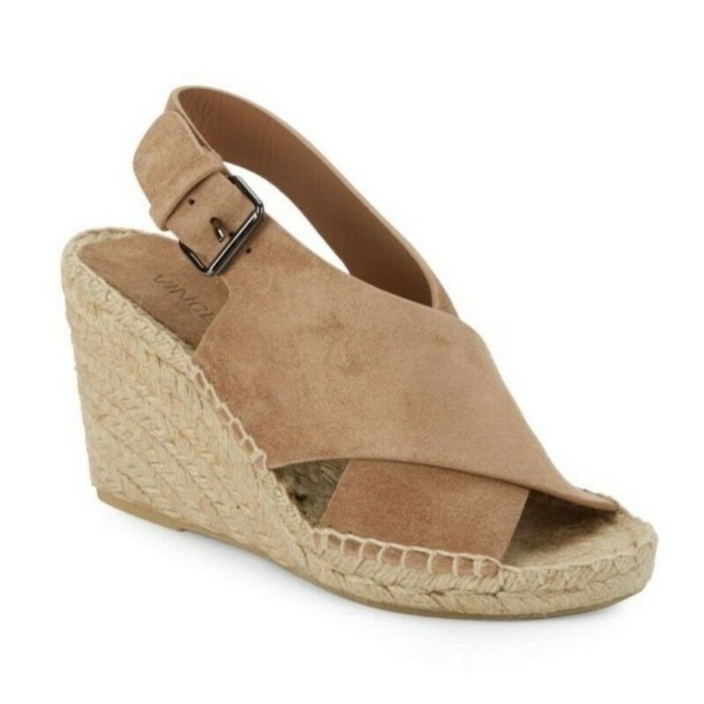 Vince Sabrina Suede Beige Tan Espadrille Wedge Sandals Crisscross Size 9